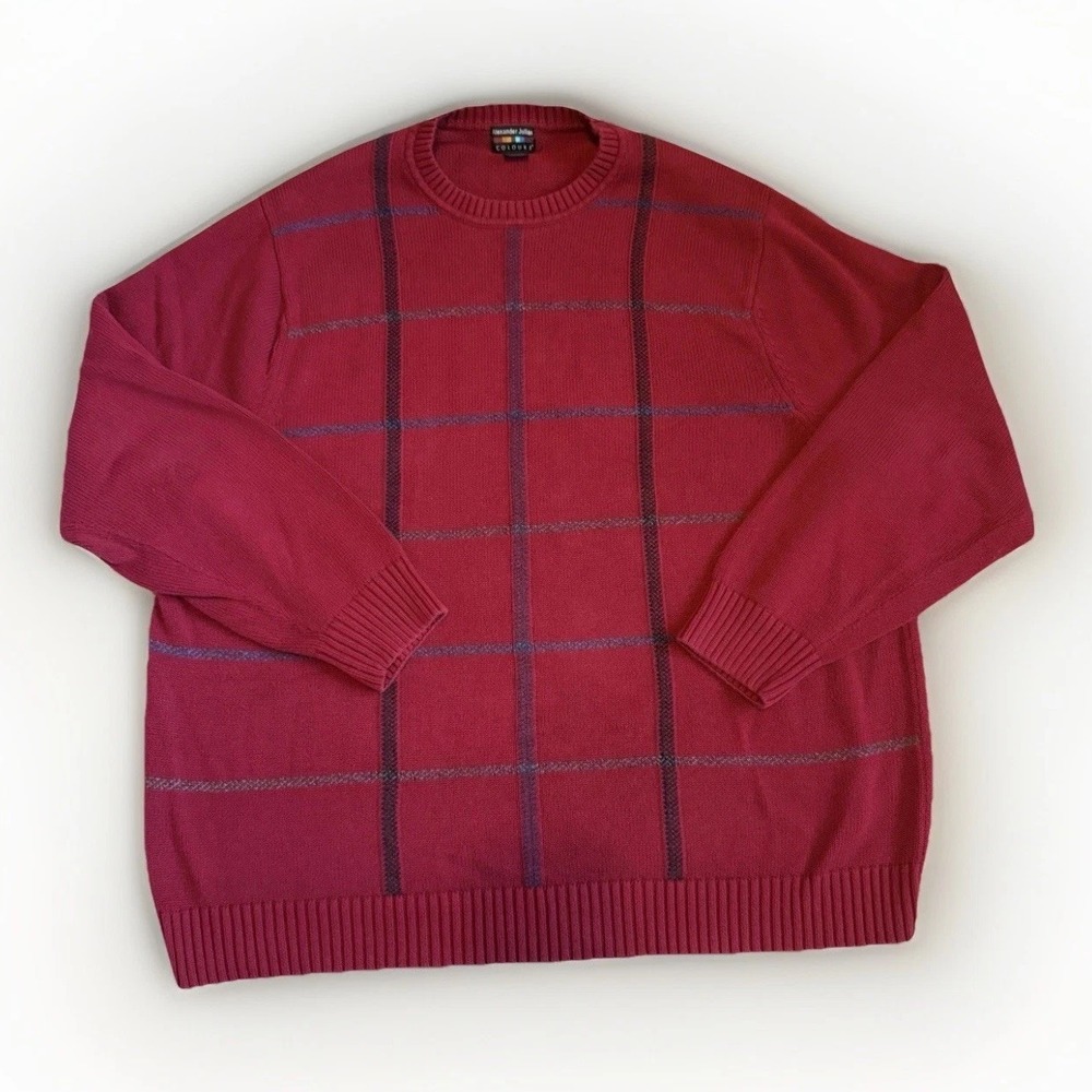 VTG Dad Style Red Grid Check Pattern Sweater Adult 3XL Cotton Knit Pullover